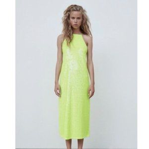 Zara | Neon Lime Green Sequin thin strap Maxi Long Dress NWOT